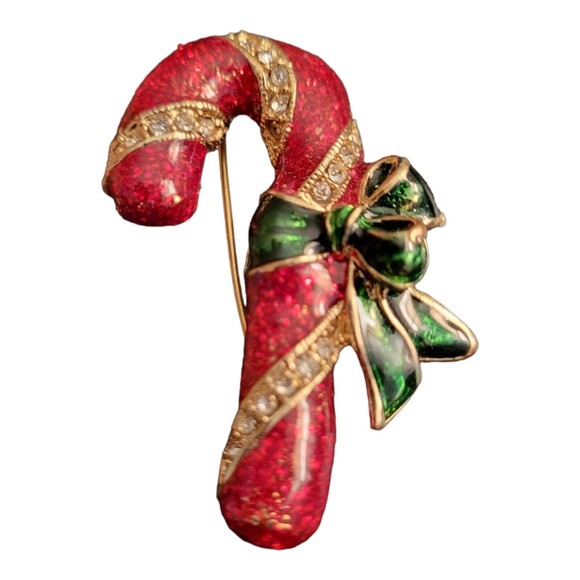 Vintage Signed TC Enameled Goldtone & Red Candy Cane Rhinestone Brooch Pin - Picture 1 of 4